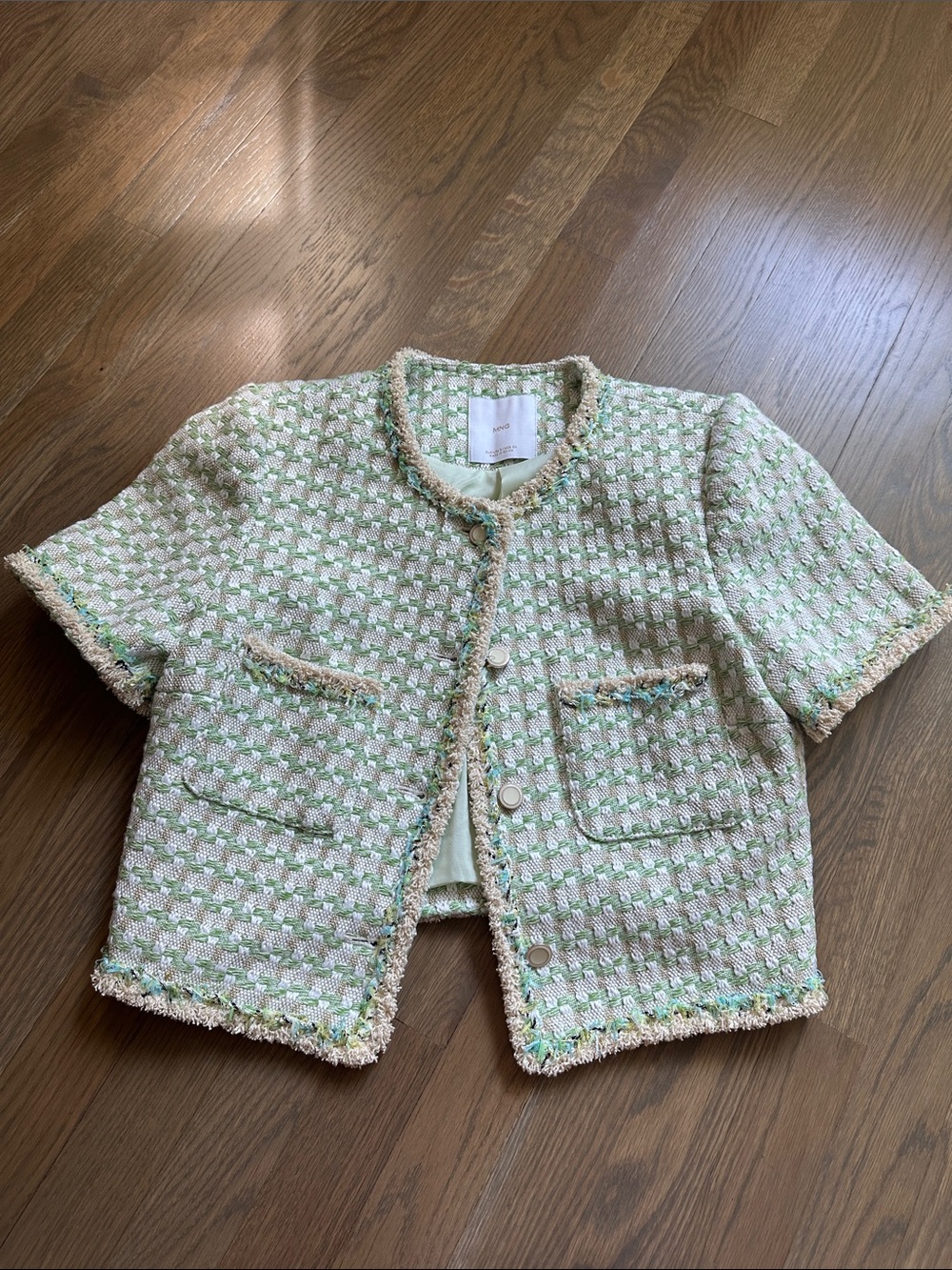 Mango Short-Sleeve Tweed Jacket in Cream & Light Green